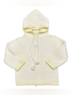 Vintage Blue Bird Baby Sweater Knit Hooded White Yellow Pompom Hassle Back Zip